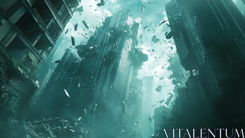 Collapsing futuristic city towers in teal dust storm.