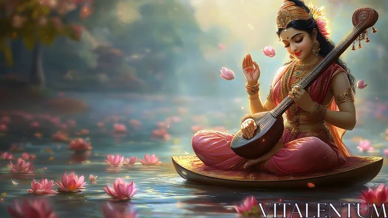 Lotus lake hushes as divine musician paints soft sunrise