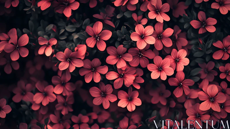 Coral pink flowers clustered densely against dark green foliage background