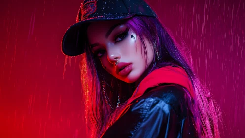 Neon-soaked portrait of cyber-styled woman in rainfall glow.