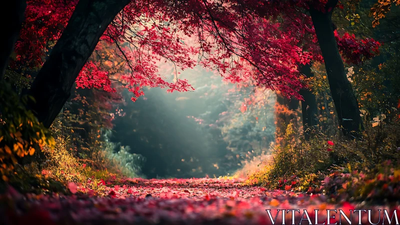 Tunnel Through Crimson Canopy in Autumn Forest.