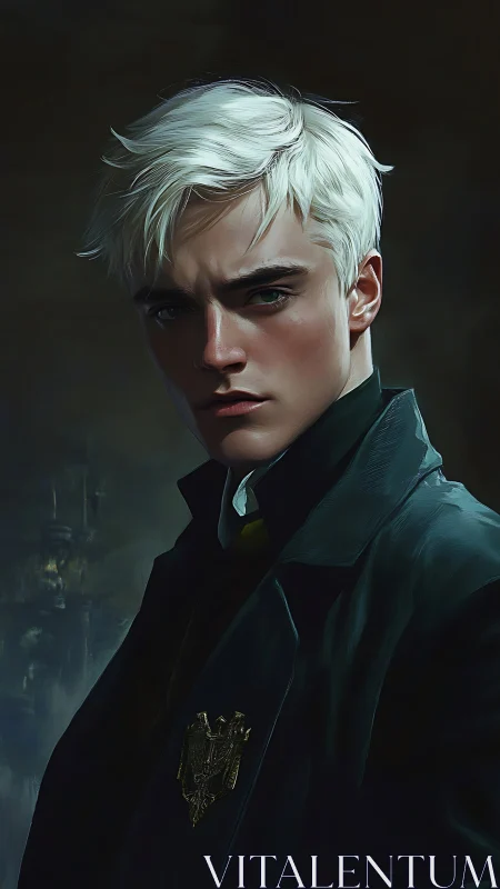 Brooding young man with platinum hair in dark coat.