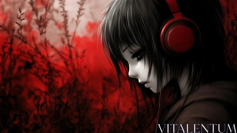 Melancholic anime girl with red headphones in dark field.