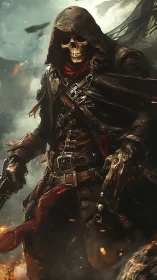 Hooded skeletal gunslinger strides through a burning battlefield