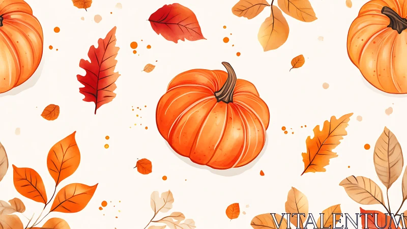 Autumn pumpkins with watercolor foliage on soft cream background.