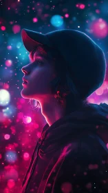 Neon-lit youth gazes upward in dreamy cyber glow.