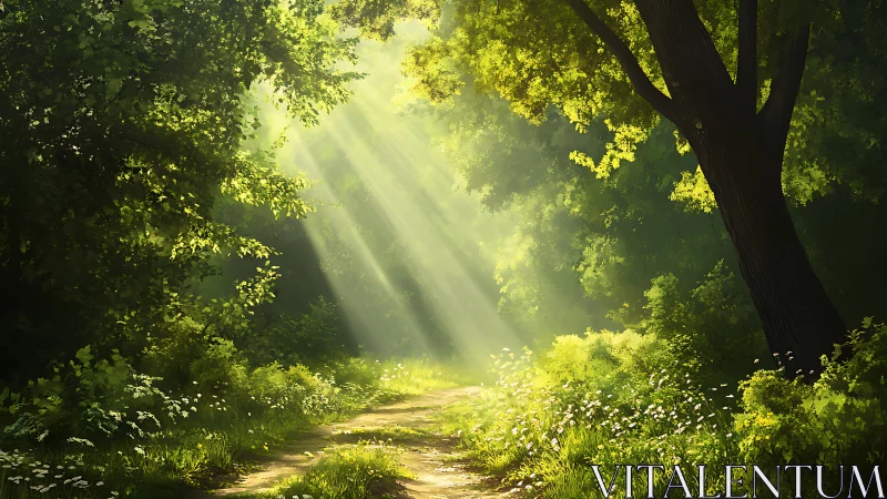 Sunlit forest path with volumetric rays and dense green foliage
