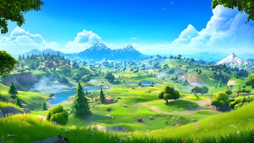 Digital landscape depicts stylized valley, rivers, and mountains.