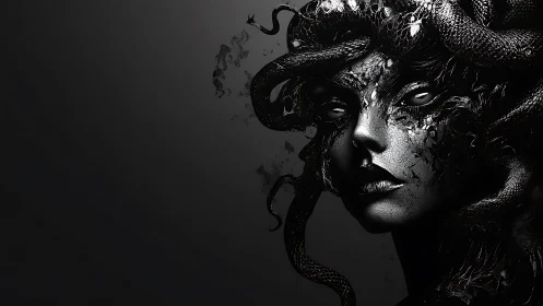 Gorgon in grayscale, serpent crowned queen of cracked stone.