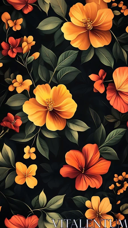 Floral Abundance. Orange Blooms Against Deep Black Background.