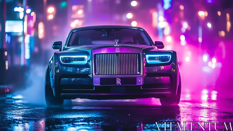 Neon-soaked luxury sedan in cinematic night street scene.