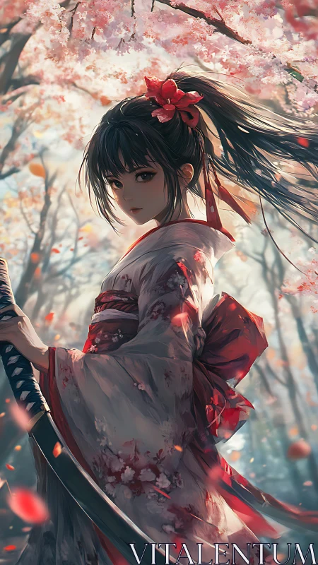 Samurai girl in kimono under soft cherry blossoms.