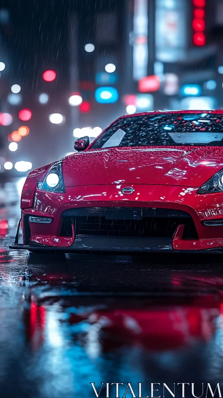 Red sports coupe under neon rain with cinematic reflections.