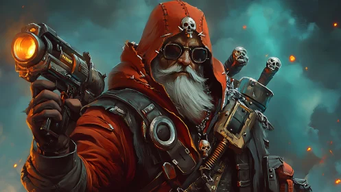 Skull-forged gunslinger strides through ember-torn stormfront.