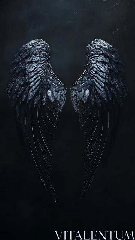 Symmetric dark feathered wings on low-key textured void.