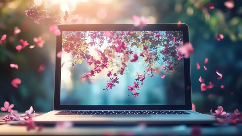 Laptop screen displays shallow-depth bokeh blossoms and petals
