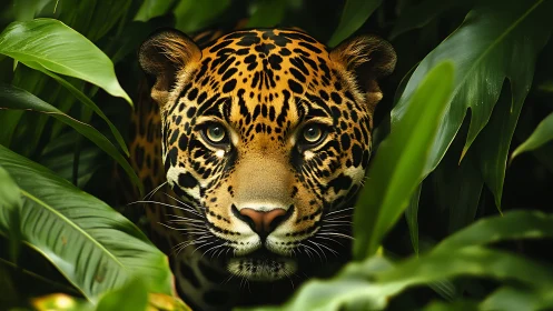 Spotted jaguar head is centered among dense green foliage
