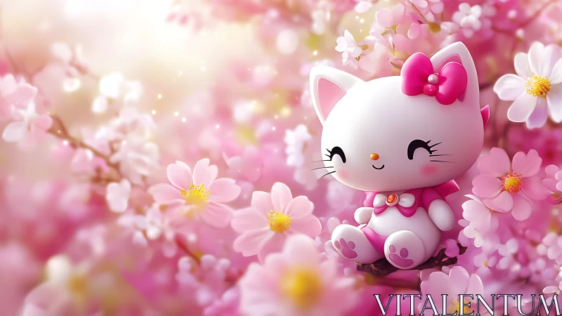 Blossom-bright kitten toy giggles amid dreamy sakura haze