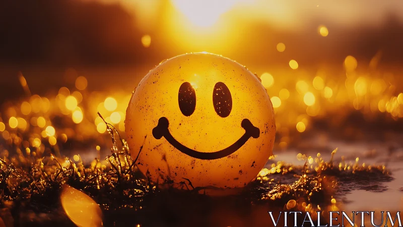 Backlit smiley sphere in shallow depth golden hour field.