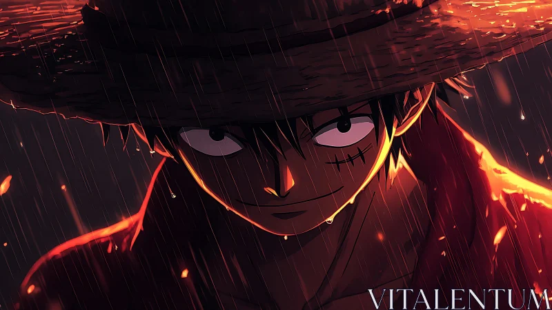 Rainlit straw-hat rogue smiling through sparks and storm.