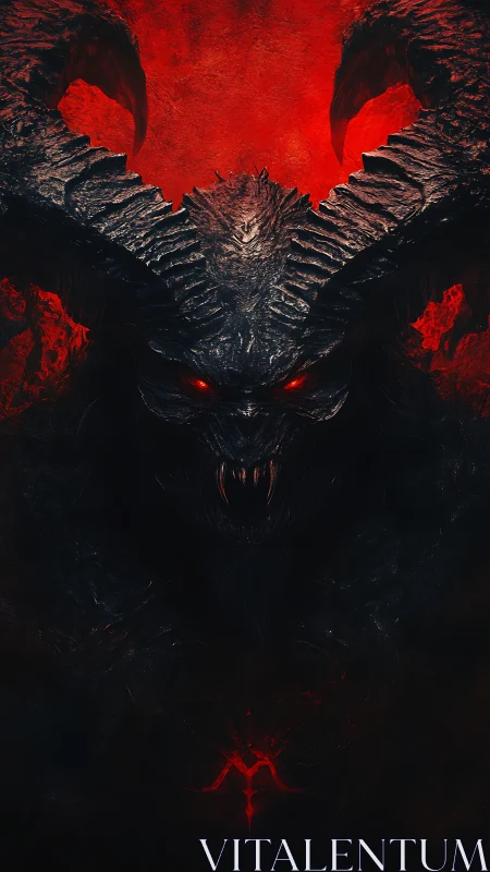 Demonic horned titan emerges within infernal red void.