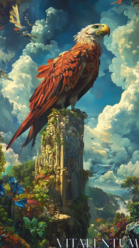 Majestic crimson eagle dominates a lush floating spire skyward.