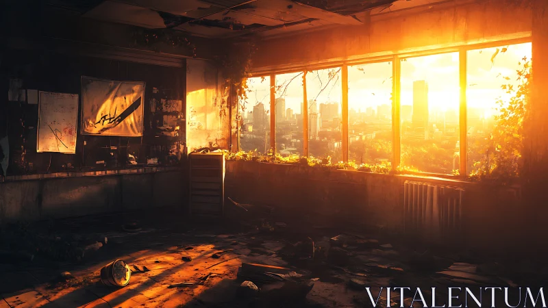 Golden sunrise pours into a quiet, abandoned city room
