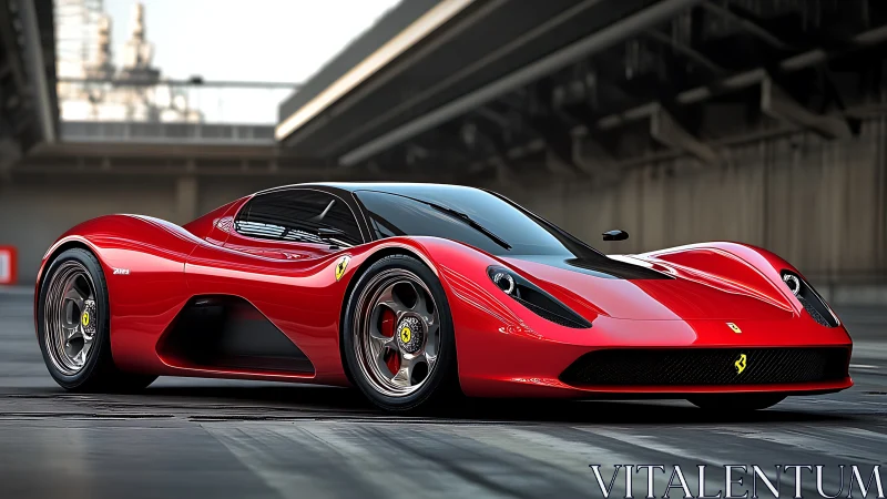 Scarlet hypercar prowls a steel tunnel of speed and light.