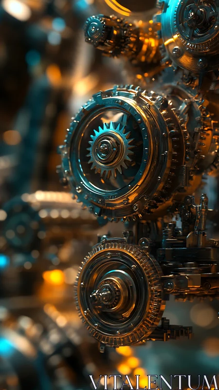 Interlocked brass gear assemblies glow under teal and amber light