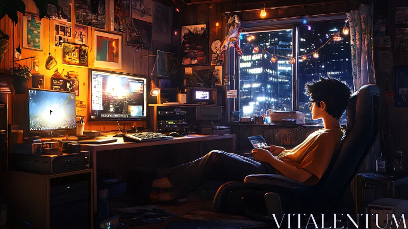 Night coder in neon-lit bedroom studio workspace.