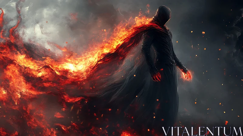 Digital painting of hooded fire entity with flowing ember cloak.