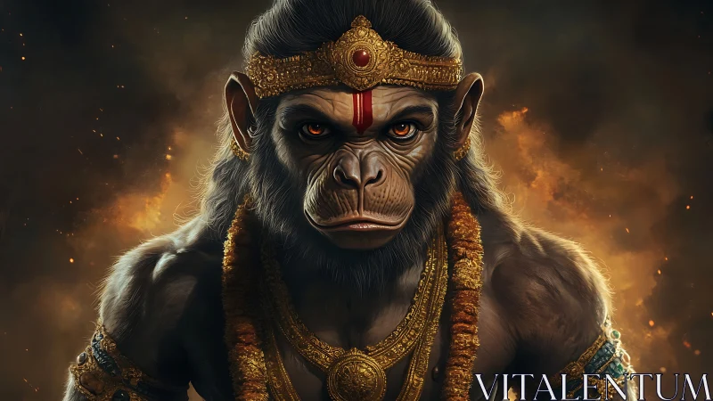 Fierce simian guardian crowned in emberlit divine gold.