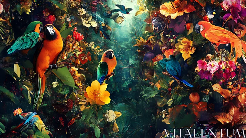 Colorful parrots among dense tropical flowers in jungle.