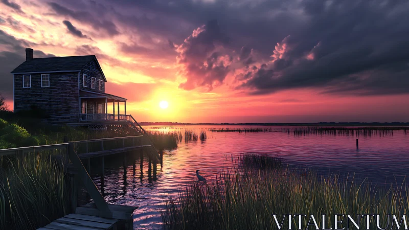 Lakeside wooden house overlooks saturated magenta sunset sky