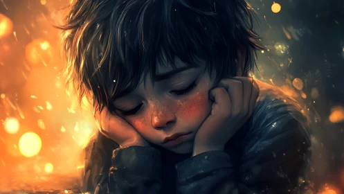 Sleepy freckled dreamer resting in a glow of soft light.