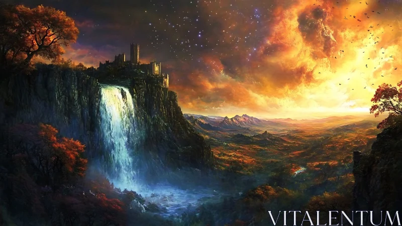 Clifftop fortress overlooks waterfall and distant valley plain