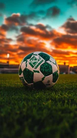 Sunset soccer ball waits on glowing field for the next game