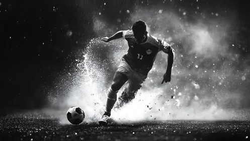 Dynamic soccer striker sprinting through rain and backlight.