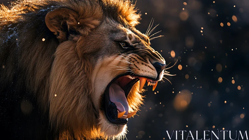 Roaring lion profile under dramatic golden backlight.
