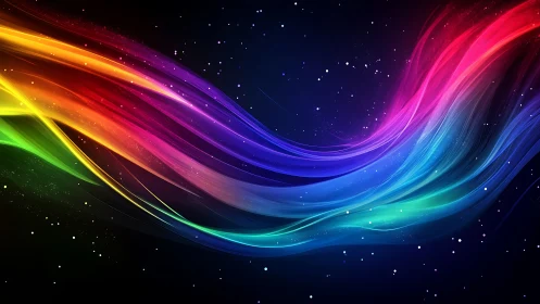 Curved multicolor light trails on dark starry background.