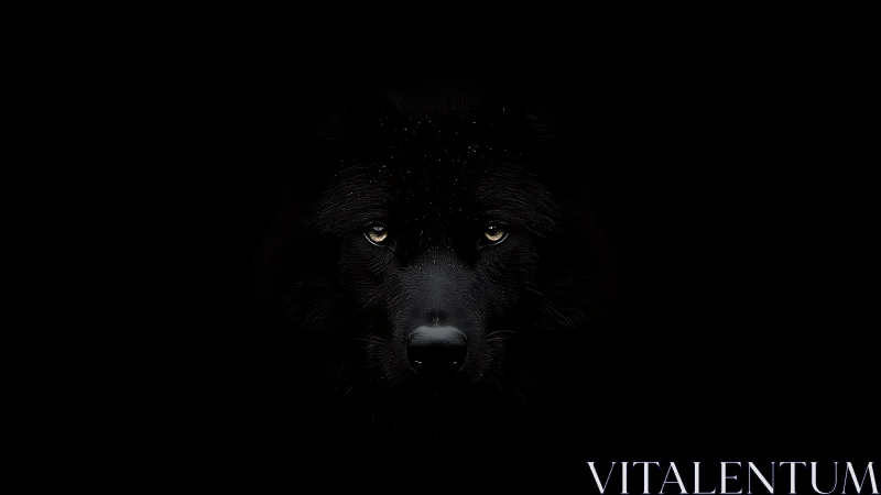 Lone black wolf emerges from darkness with piercing gaze.