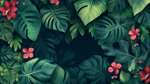 Tropical monstera foliage with hibiscus blooms, centered void