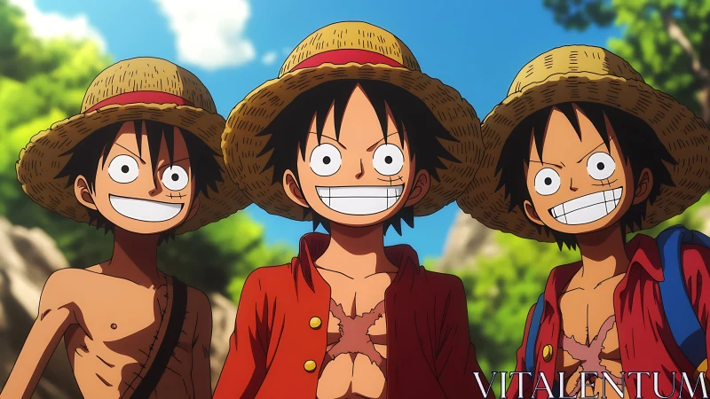 Three smiling anime boys in straw hats outdoors.