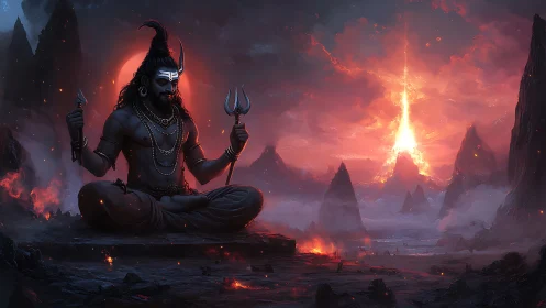 Seated ascetic figure observes volcanic landscape at dusk