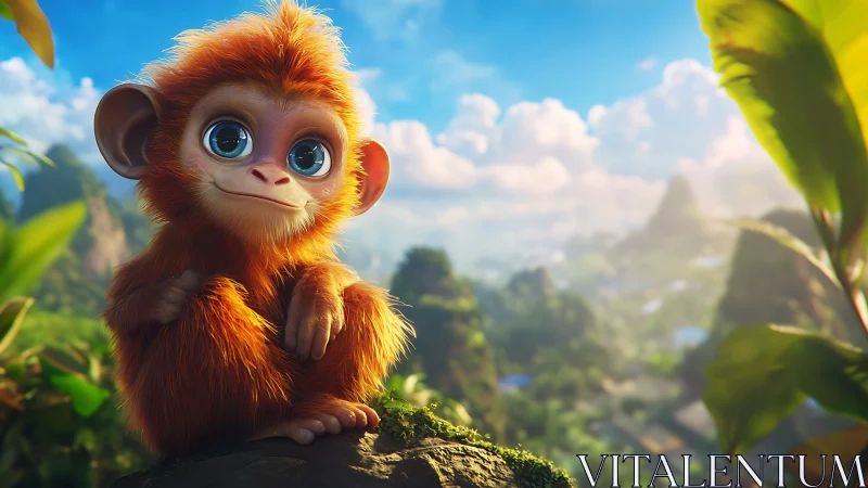 Juvenile cartoon monkey on rock in lush tropical landscape.