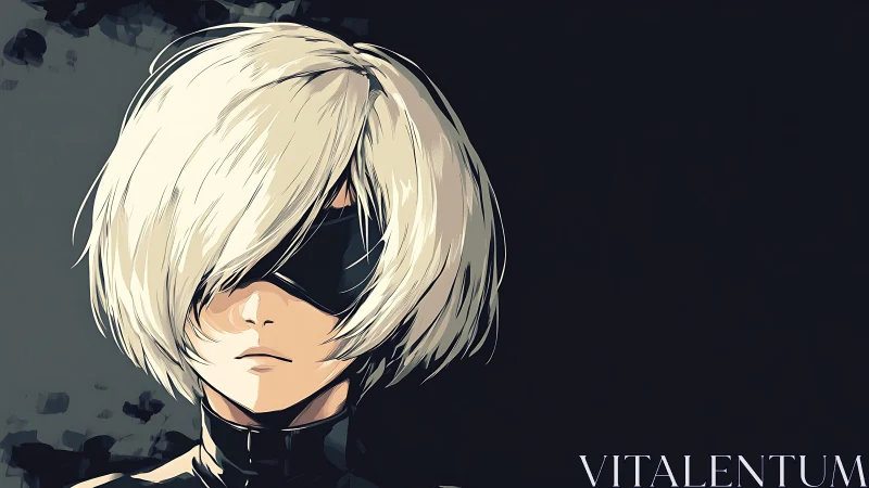 Stylized anime portrait with masked heroine and stark contrast.
