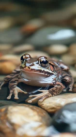 Brown patterned frog on wet river stones in shallow water.