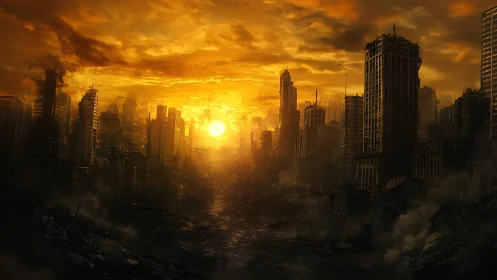 Ruined city skyline burns under dense apocalyptic sunset