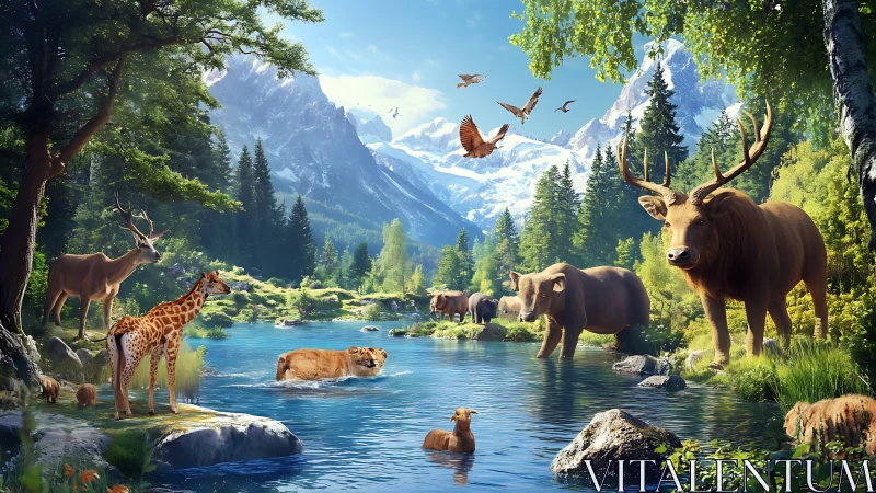 Peaceful forest animals sharing a bright mountain river.