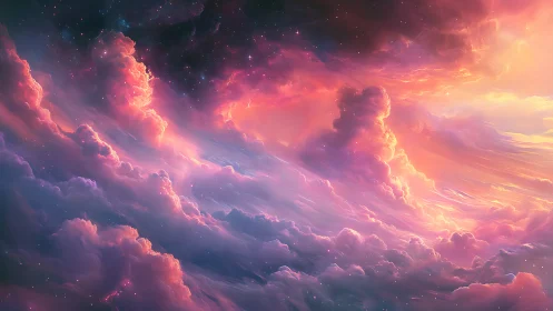 Dreamlike nebula clouds in luminous pastel sunset sky.